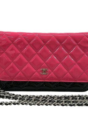 CHANEL Matelasse Pink Black Patent Leather Other Style Wallet